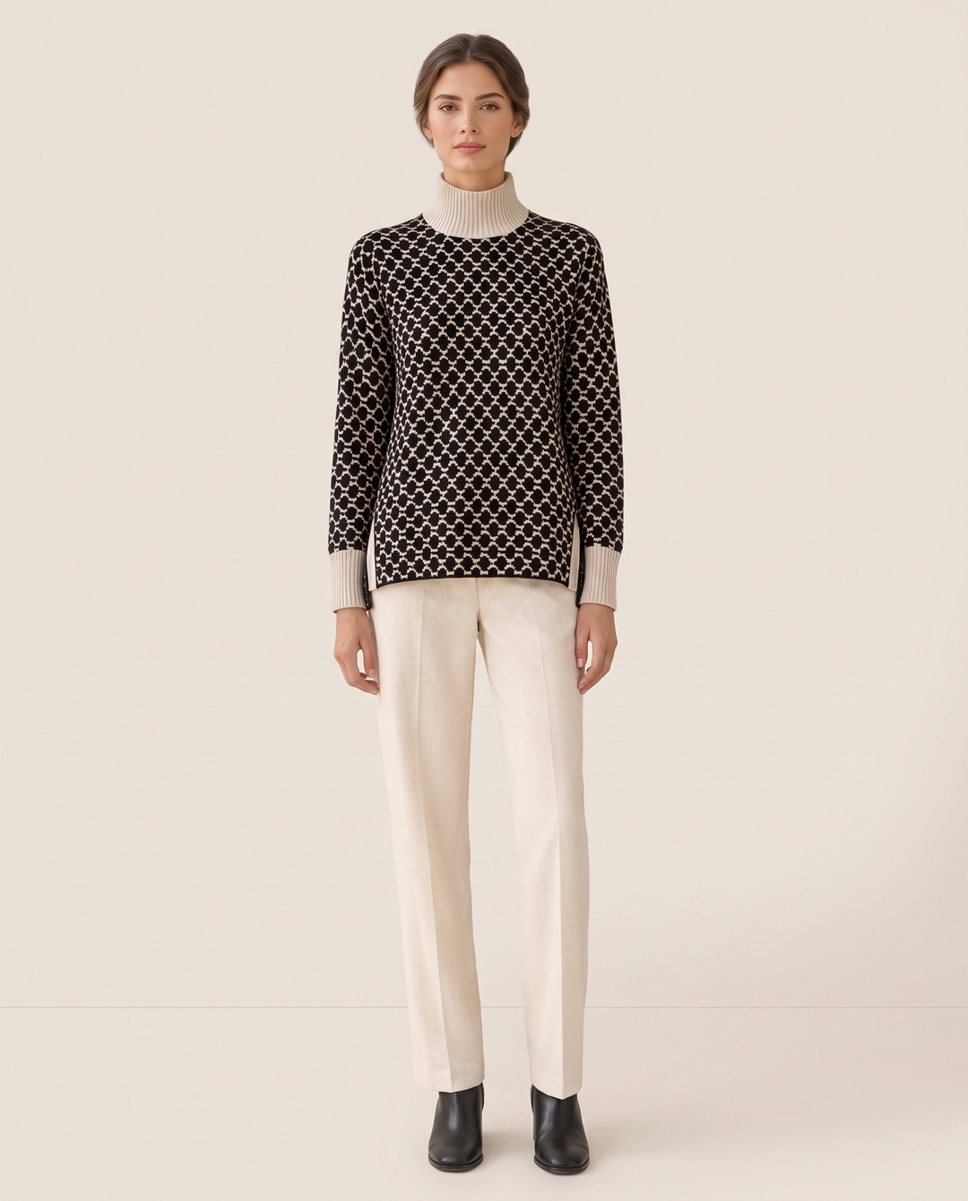 Sunstone Chic Patterned Stand-Collar Sweater — studio front, black