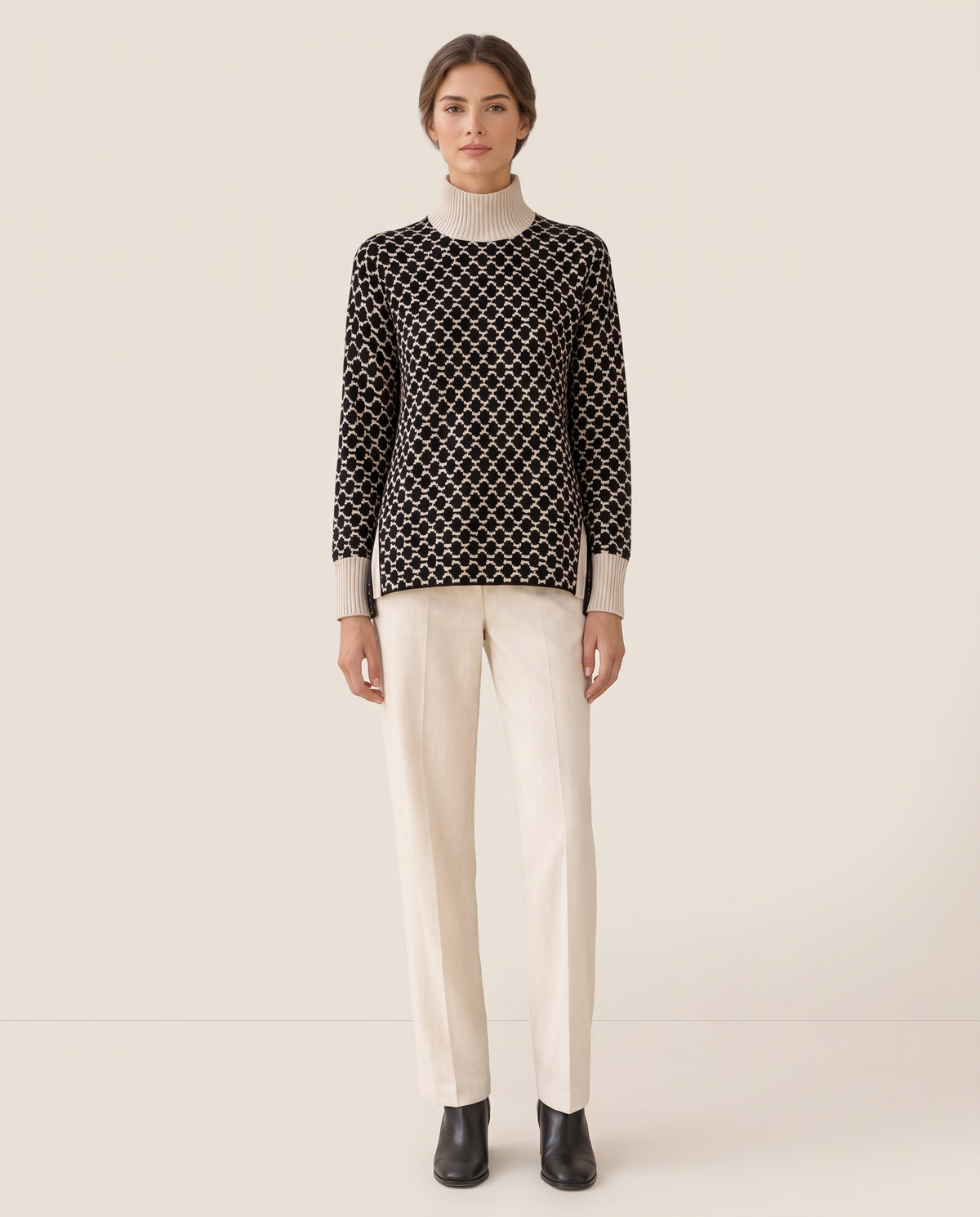 Sunstone Chic Patterned Stand-Collar Sweater — studio front, black