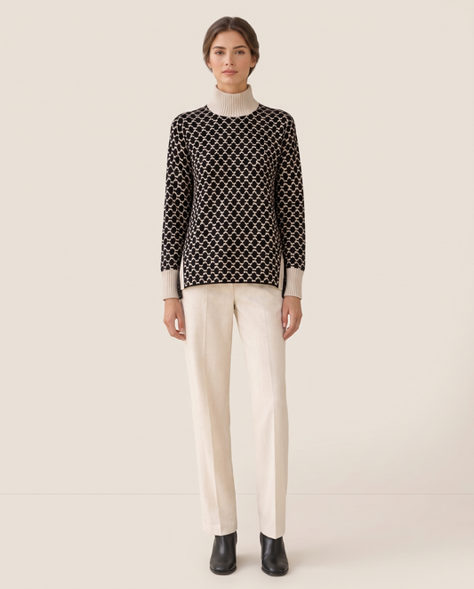 Sunstone Chic Patterned Stand-Collar Sweater — studio front, black