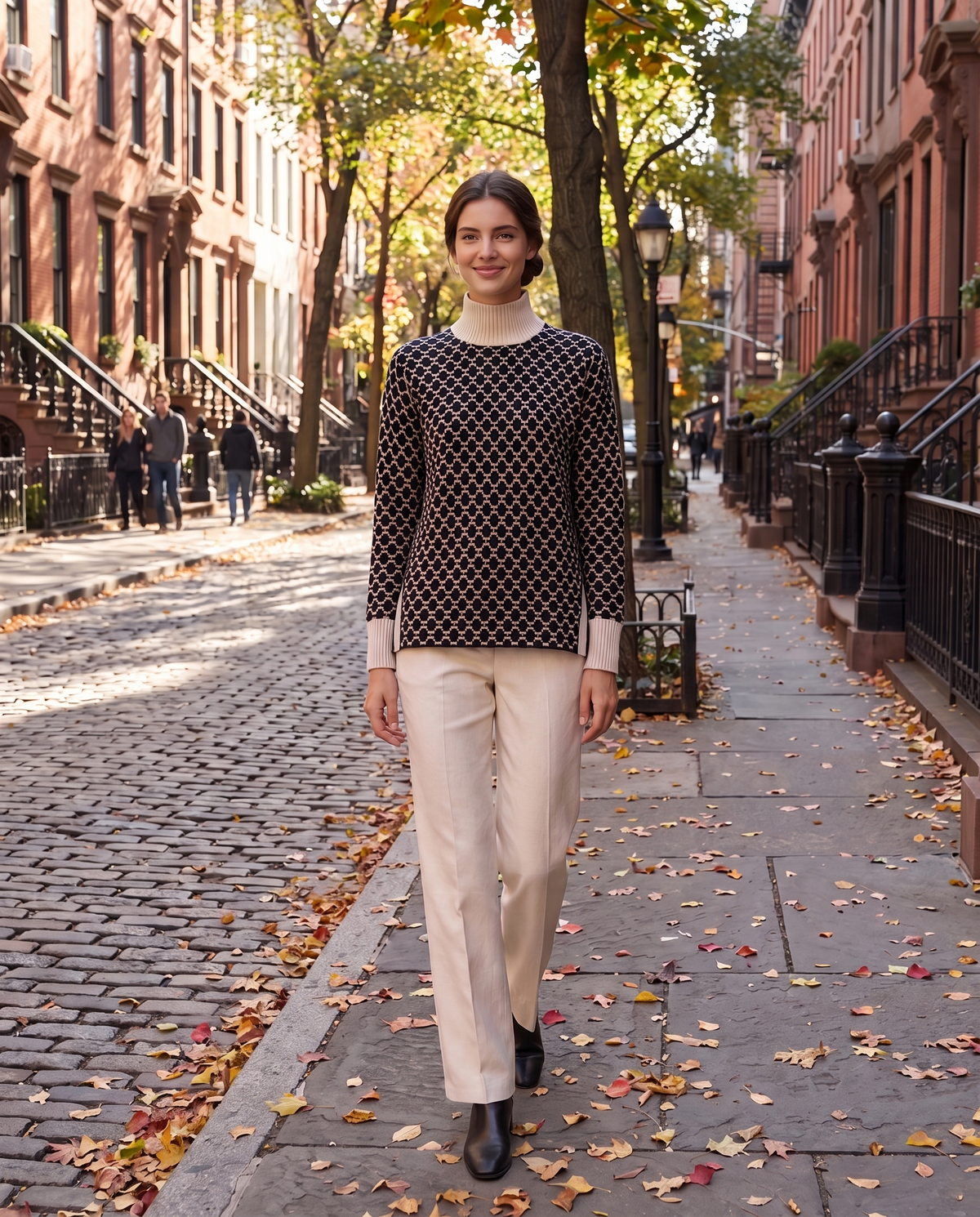 Sunstone Chic Patterned Stand-Collar Sweater — worn on a New York street in autumn