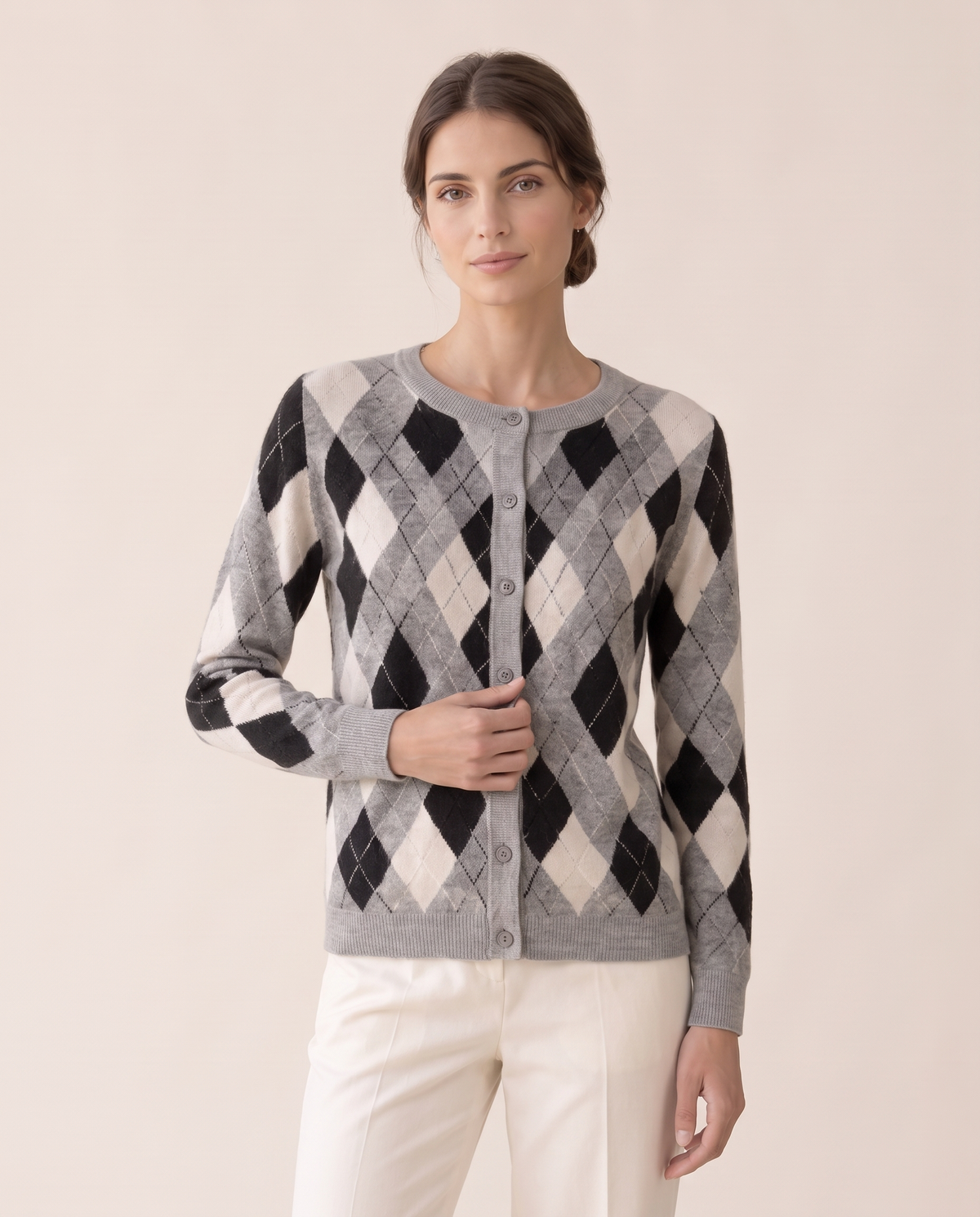 Belgravia Classic Argyle Button-Front Cardigan — knit detail, worn