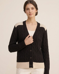 Vietri Relaxed Color-Block Cable Knit Cardigan — knit detail, worn