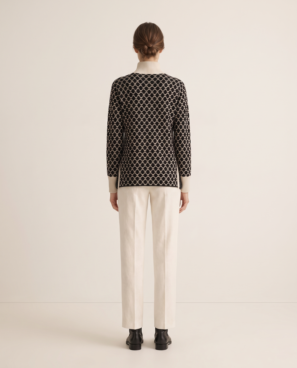 Sunstone Chic Patterned Stand-Collar Sweater — studio back