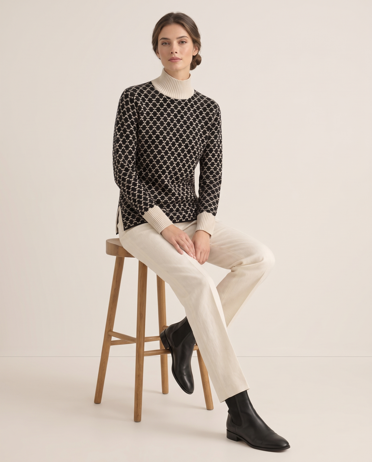 Sunstone Chic Patterned Stand-Collar Sweater — worn seated