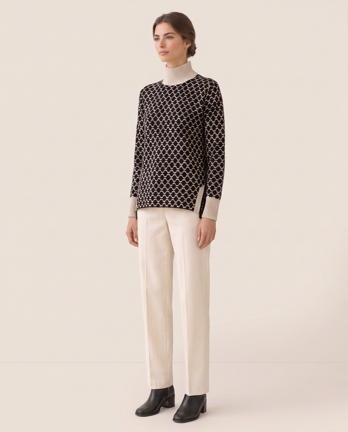 Sunstone Chic Patterned Stand-Collar Sweater — three-quarter view