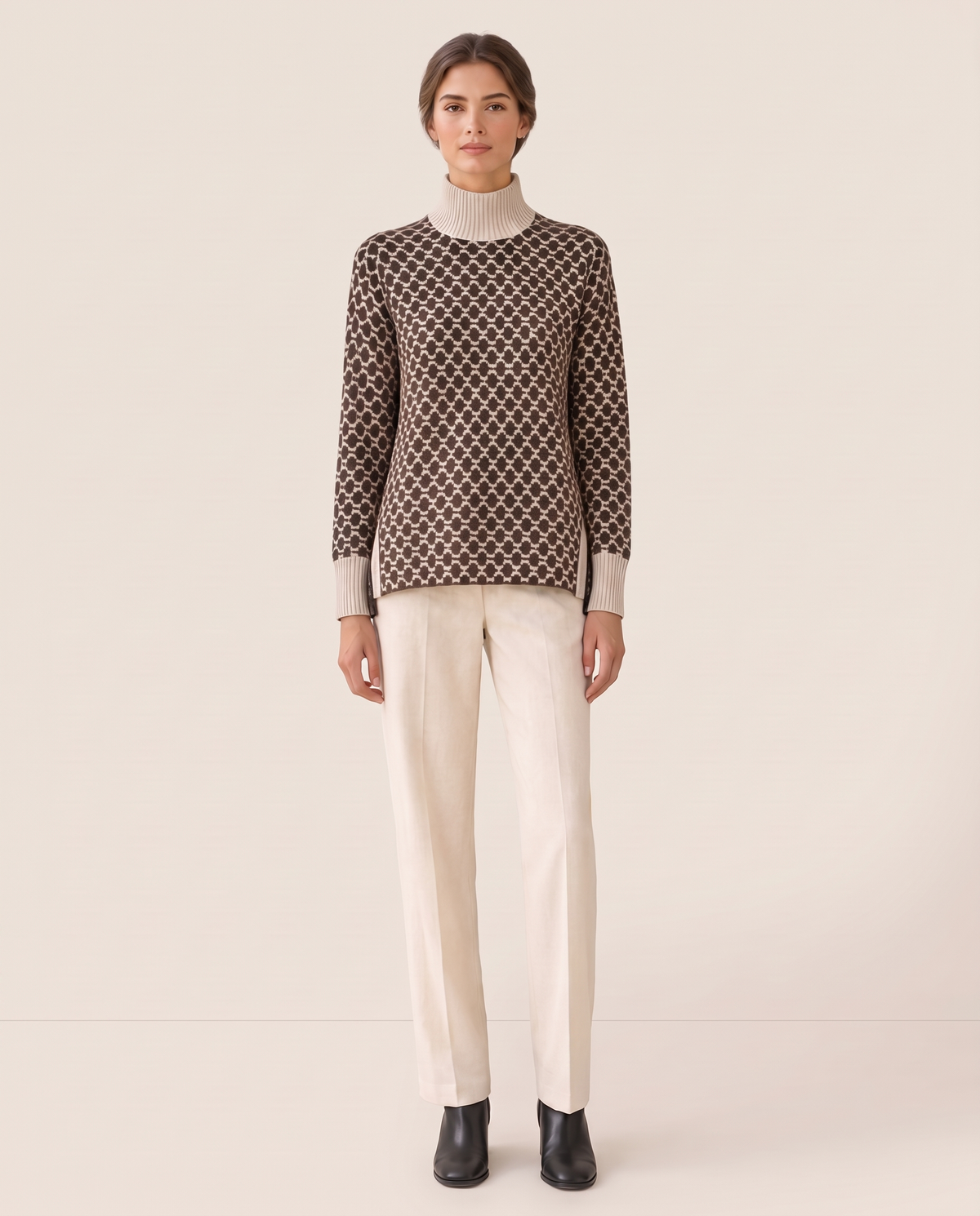 Sunstone Chic Patterned Stand-Collar Sweater — coffee brown, studio front