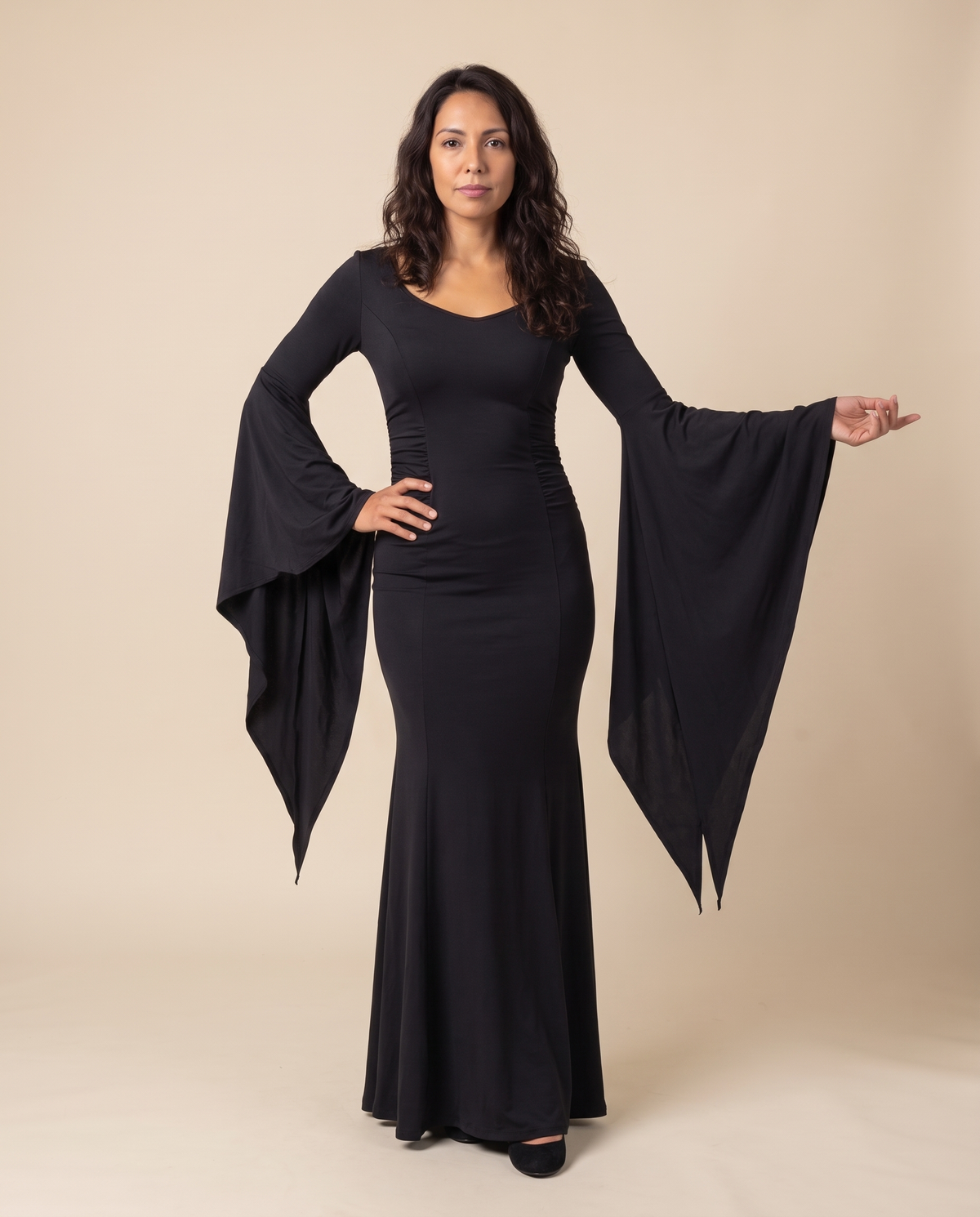 Women's Black Batwing Gothic Witch Maxi Dress – front view