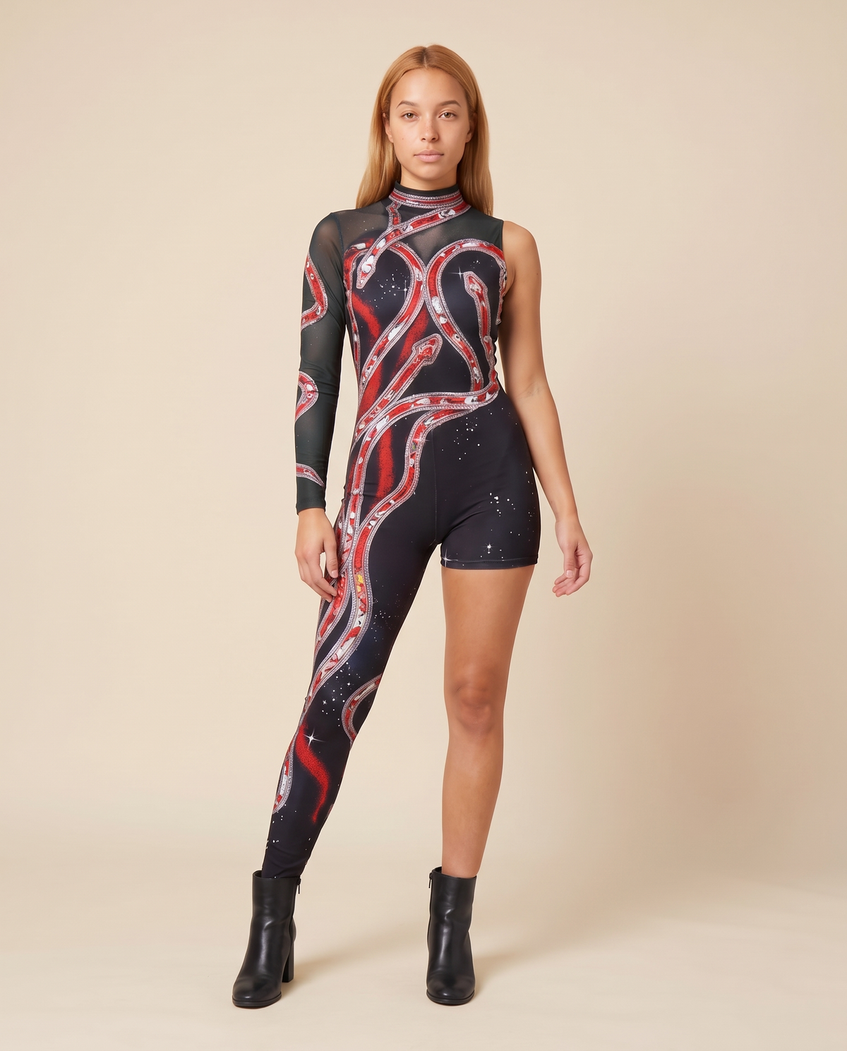 Women's One-Leg Printed Stage Jumpsuit Costume – front view