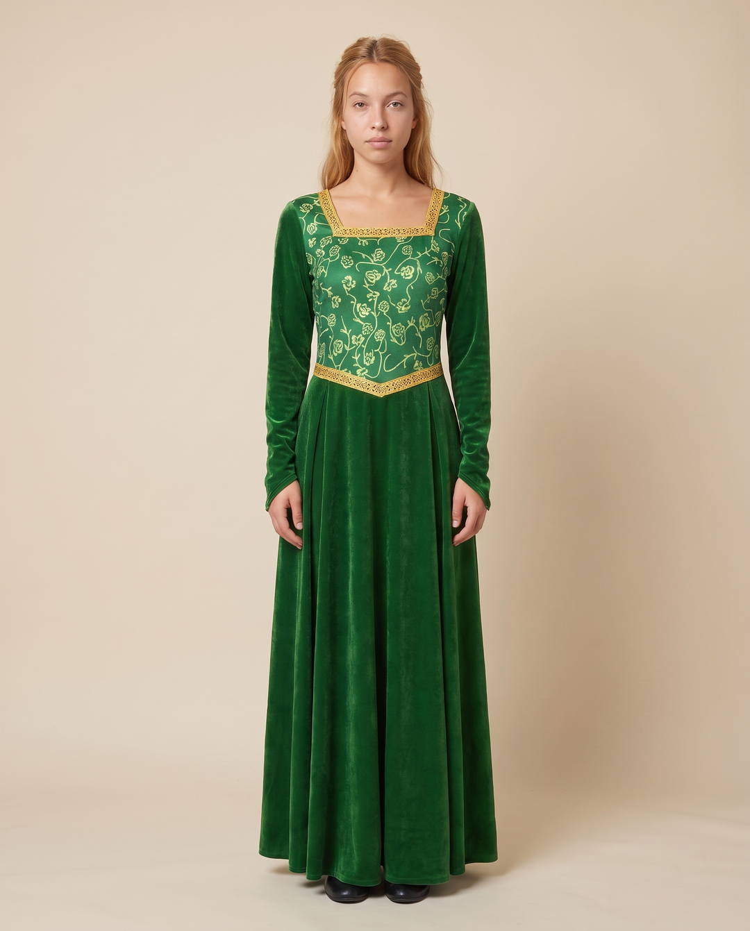 Women's Green Velvet Medieval Princess Gown – front view