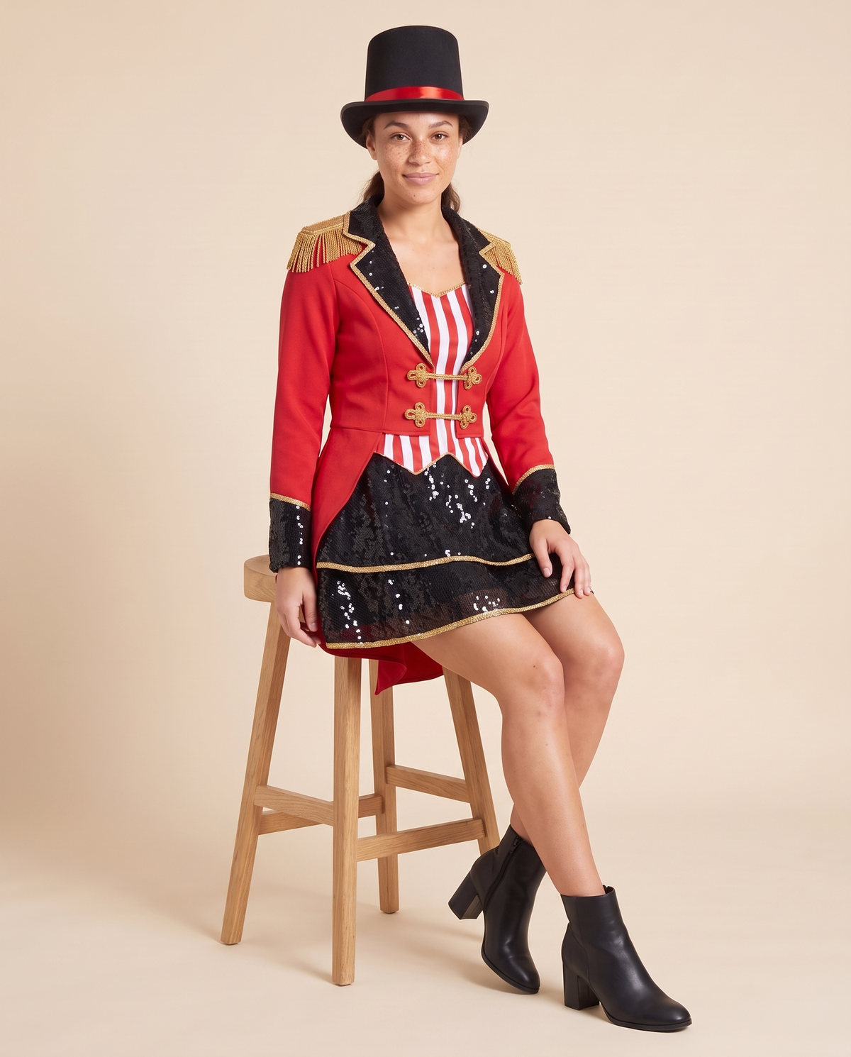 Women's Red Sequin Ringmaster Costume – seated