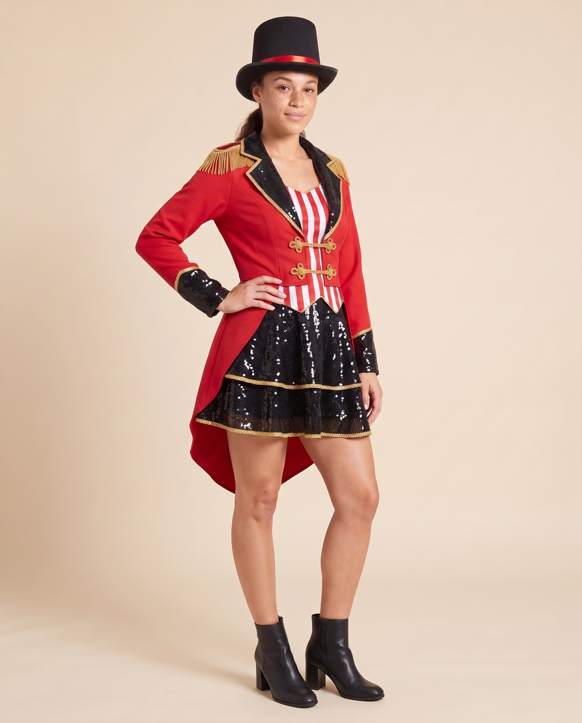 Women's Red Sequin Ringmaster Costume – three-quarter view