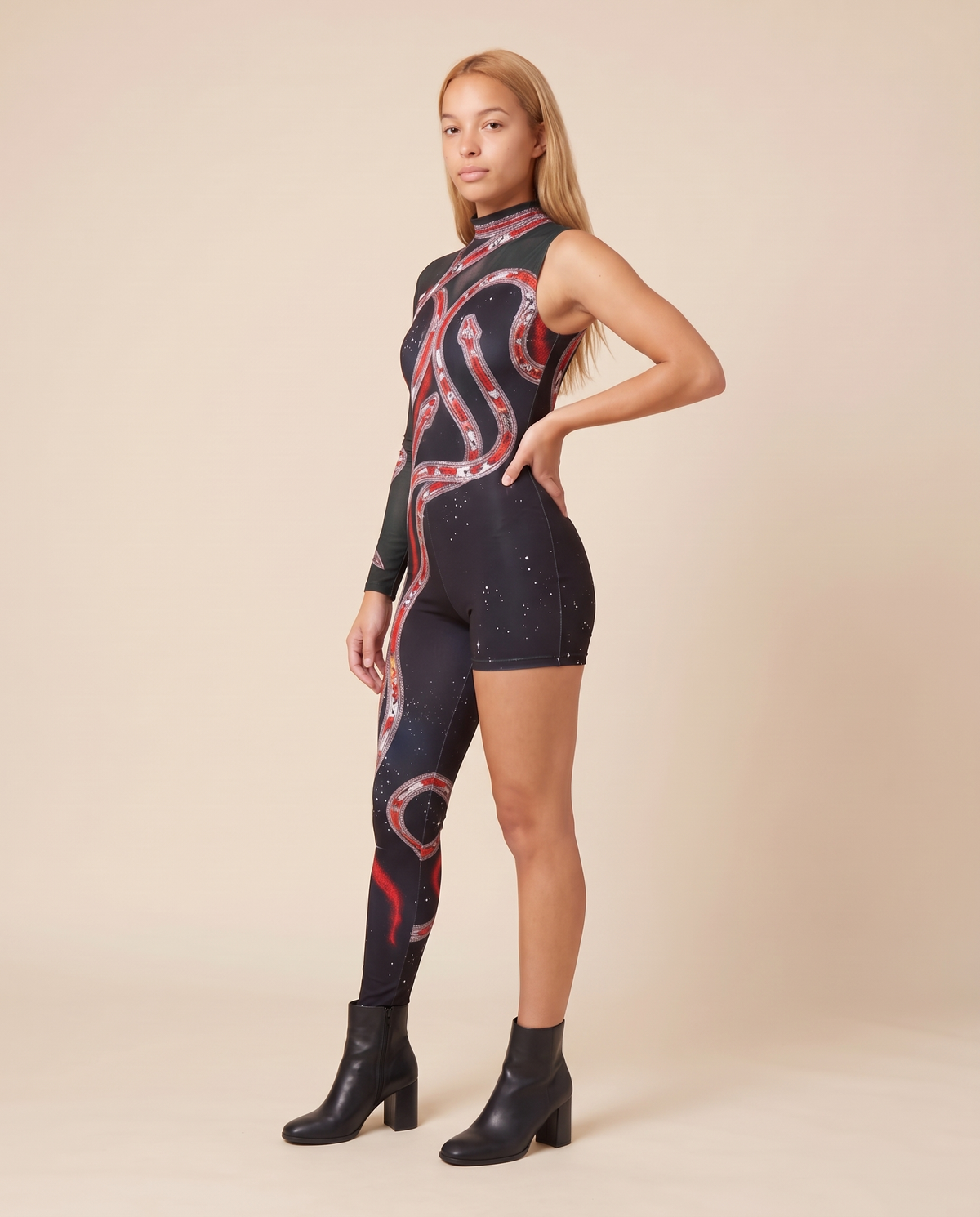 Women's One-Leg Printed Stage Jumpsuit Costume – three-quarter view