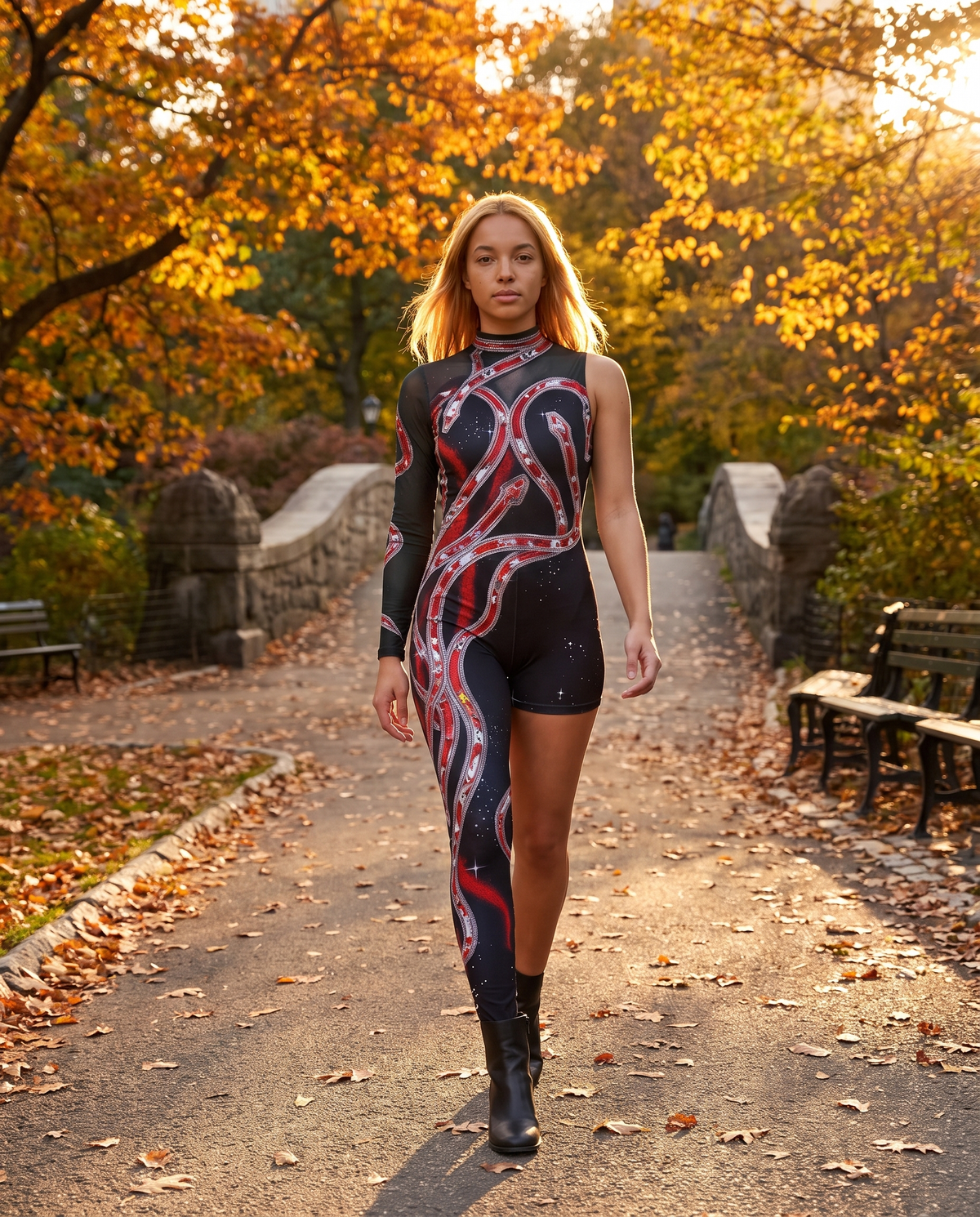Women's One-Leg Printed Stage Jumpsuit Costume – Central Park autumn