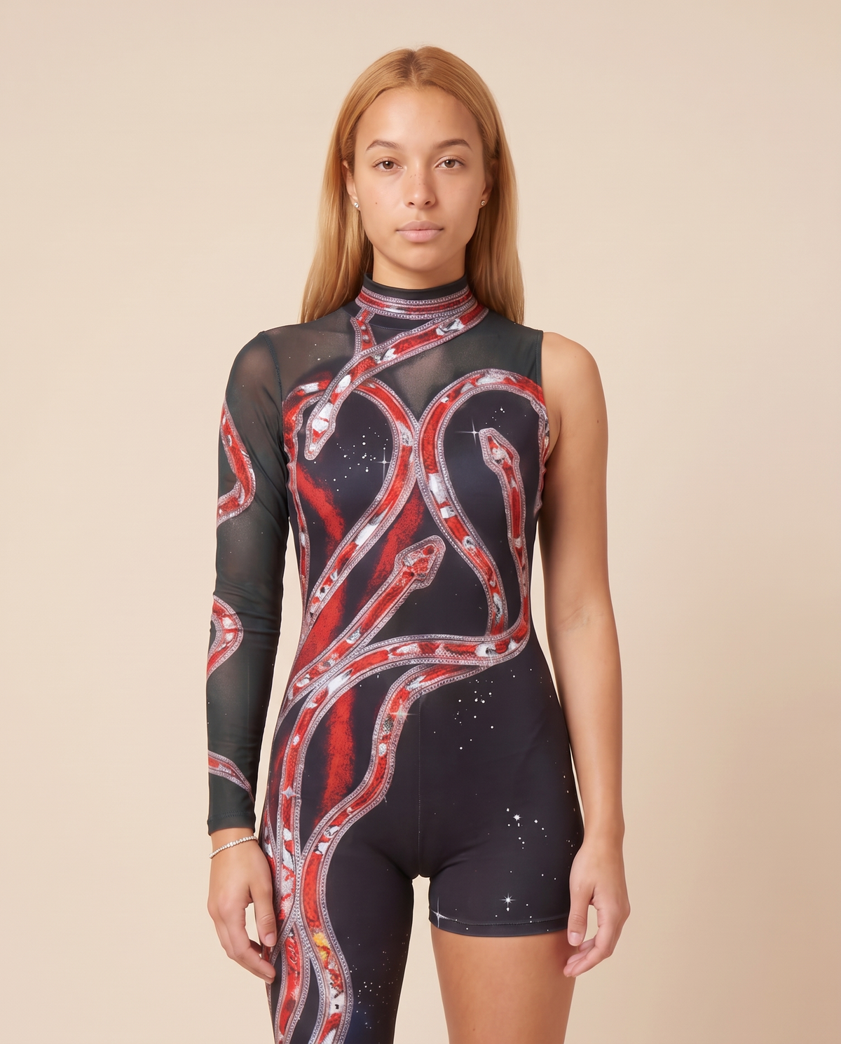 Women's One-Leg Printed Stage Jumpsuit Costume – close-up