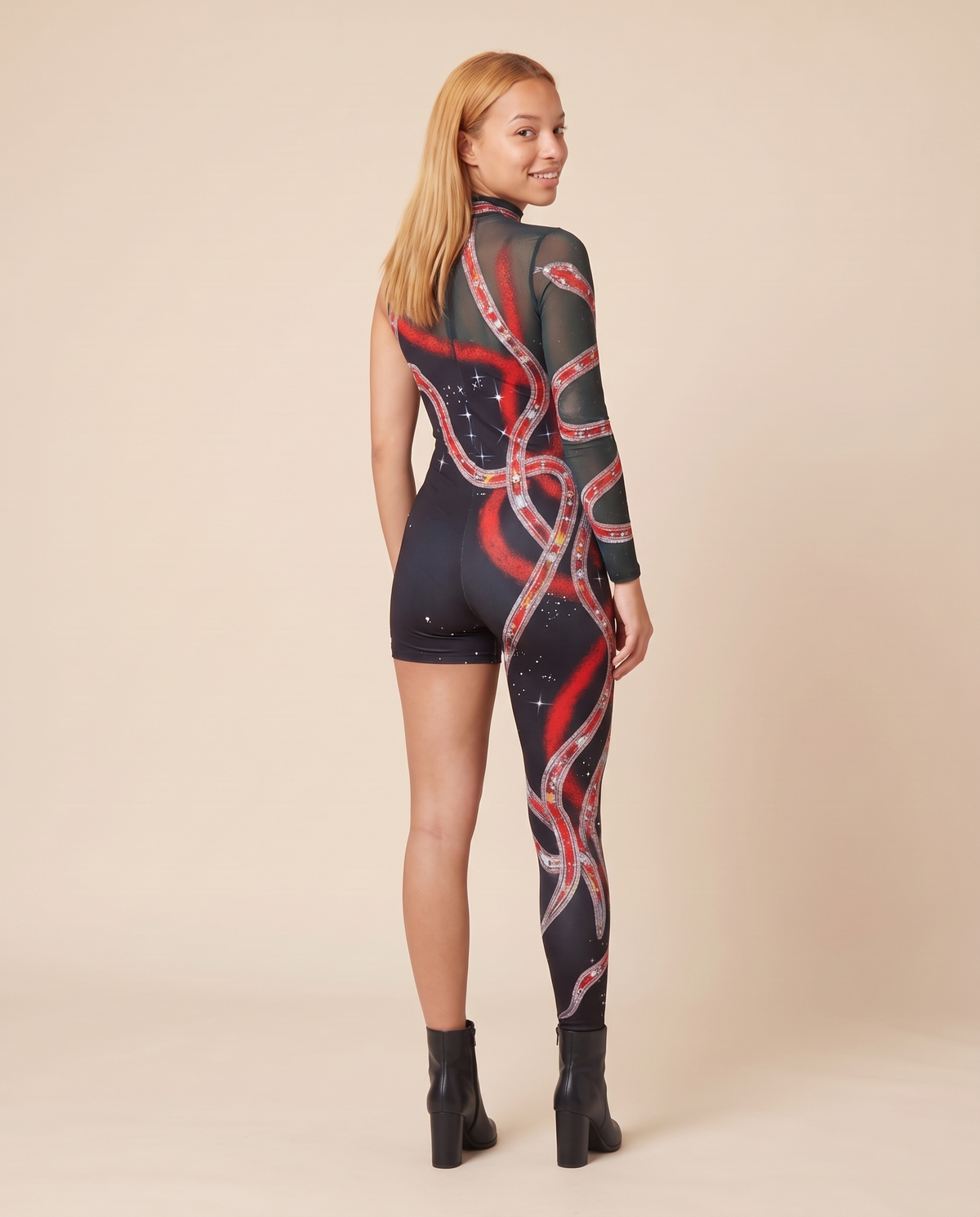 Women's One-Leg Printed Stage Jumpsuit Costume – back view