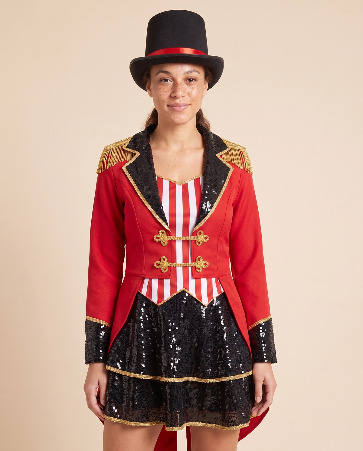 Women's Red Sequin Ringmaster Costume – close-up
