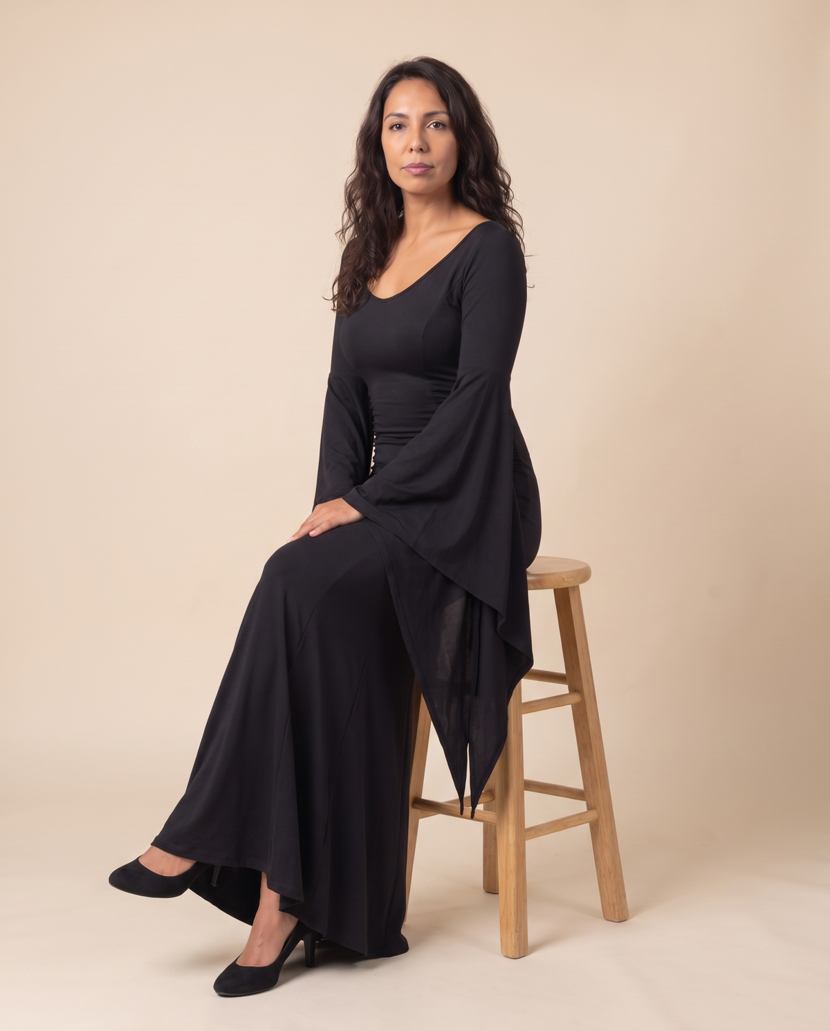 Women's Black Batwing Gothic Witch Maxi Dress – seated