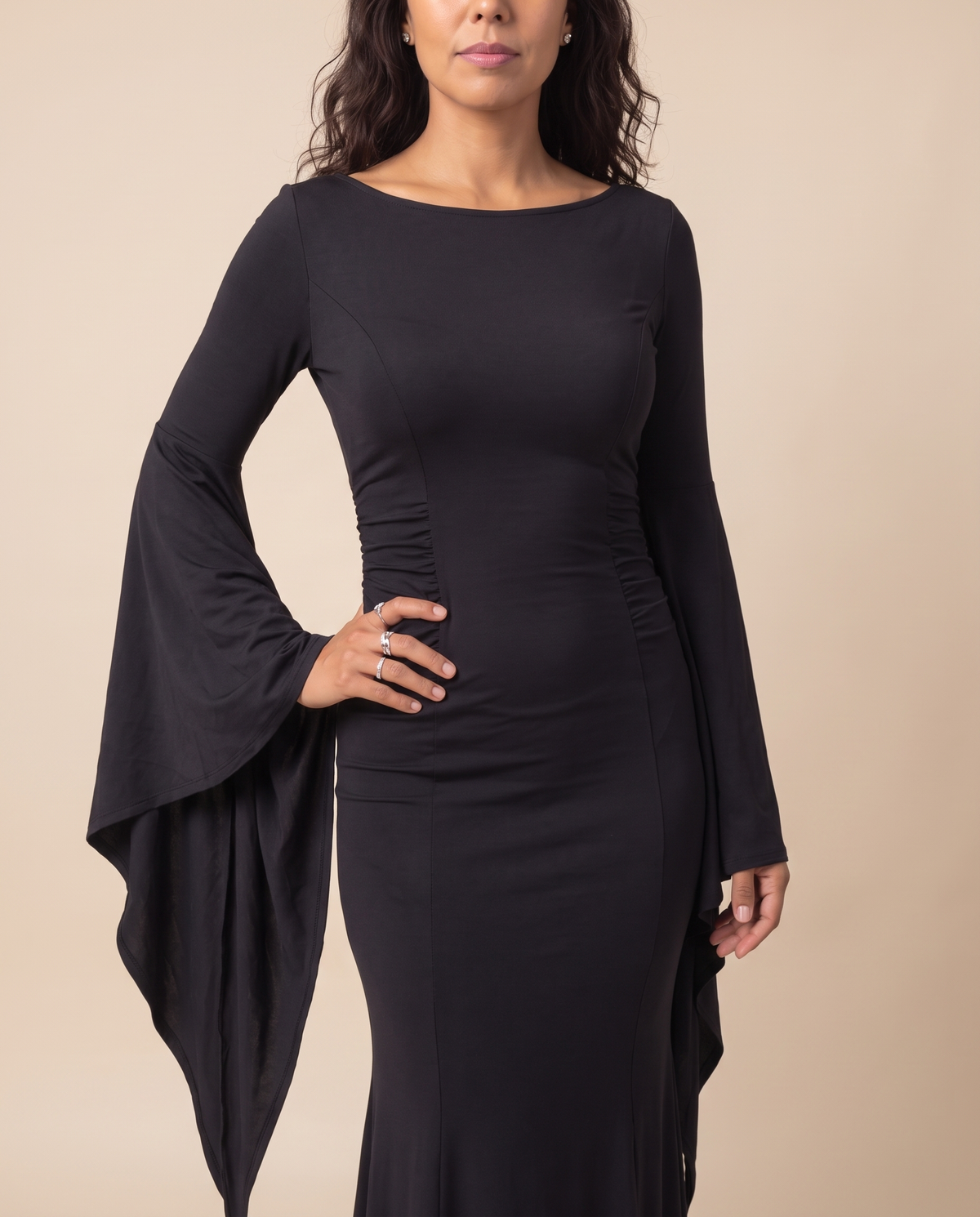 Women's Black Batwing Gothic Witch Maxi Dress – close-up