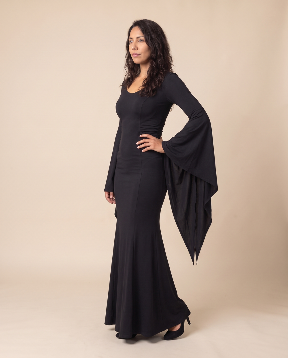 Women's Black Batwing Gothic Witch Maxi Dress – three-quarter view