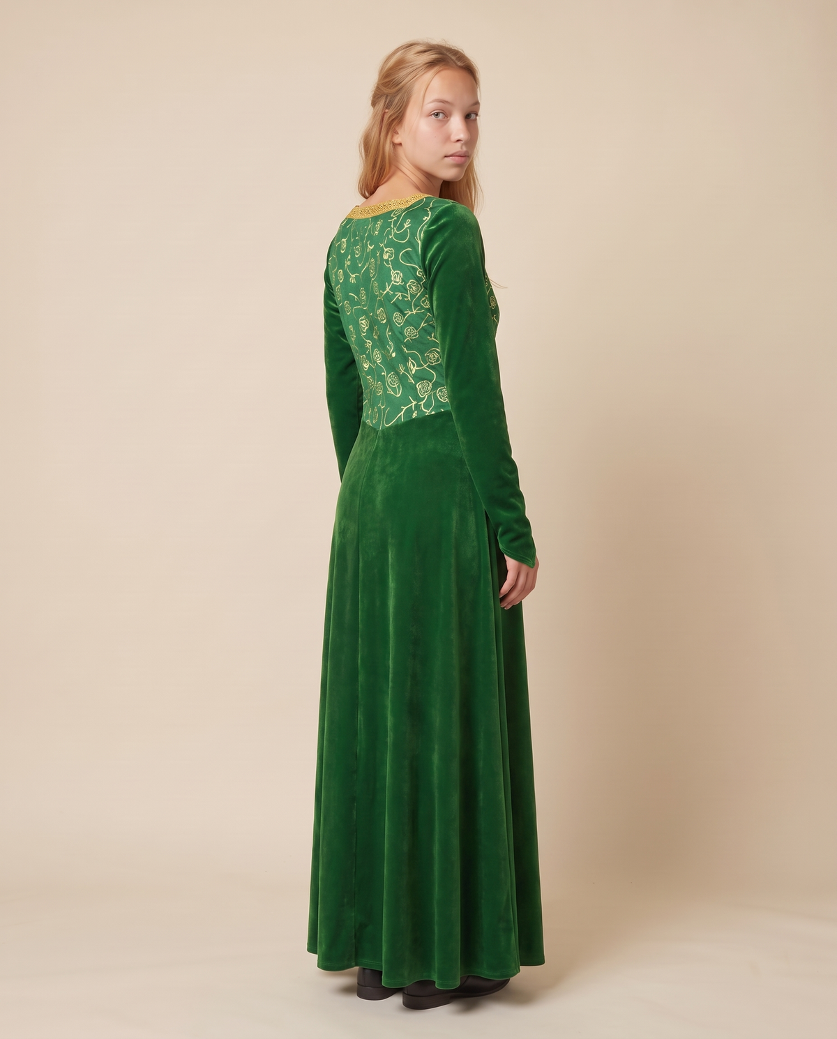 Women's Green Velvet Medieval Princess Gown – back view