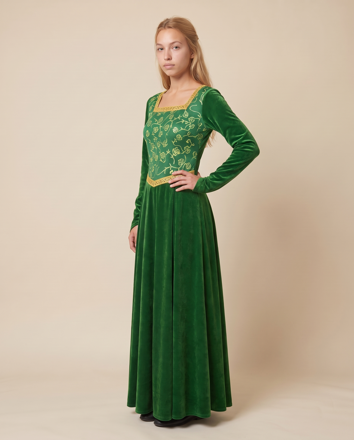 Women's Green Velvet Medieval Princess Gown – three-quarter view