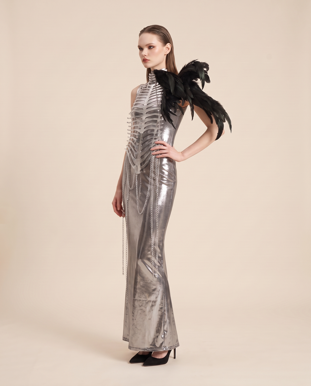 Women's Metallic Chain Maxi Dress – three-quarter view