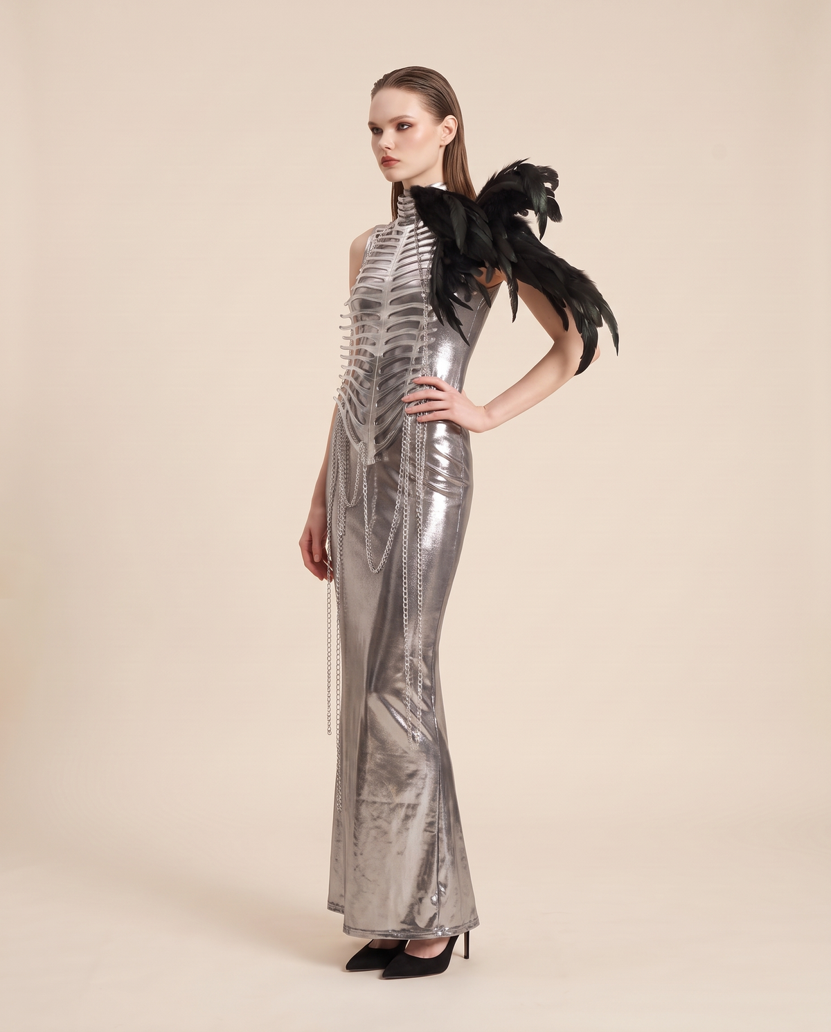 Women's Metallic Chain Maxi Dress – three-quarter view
