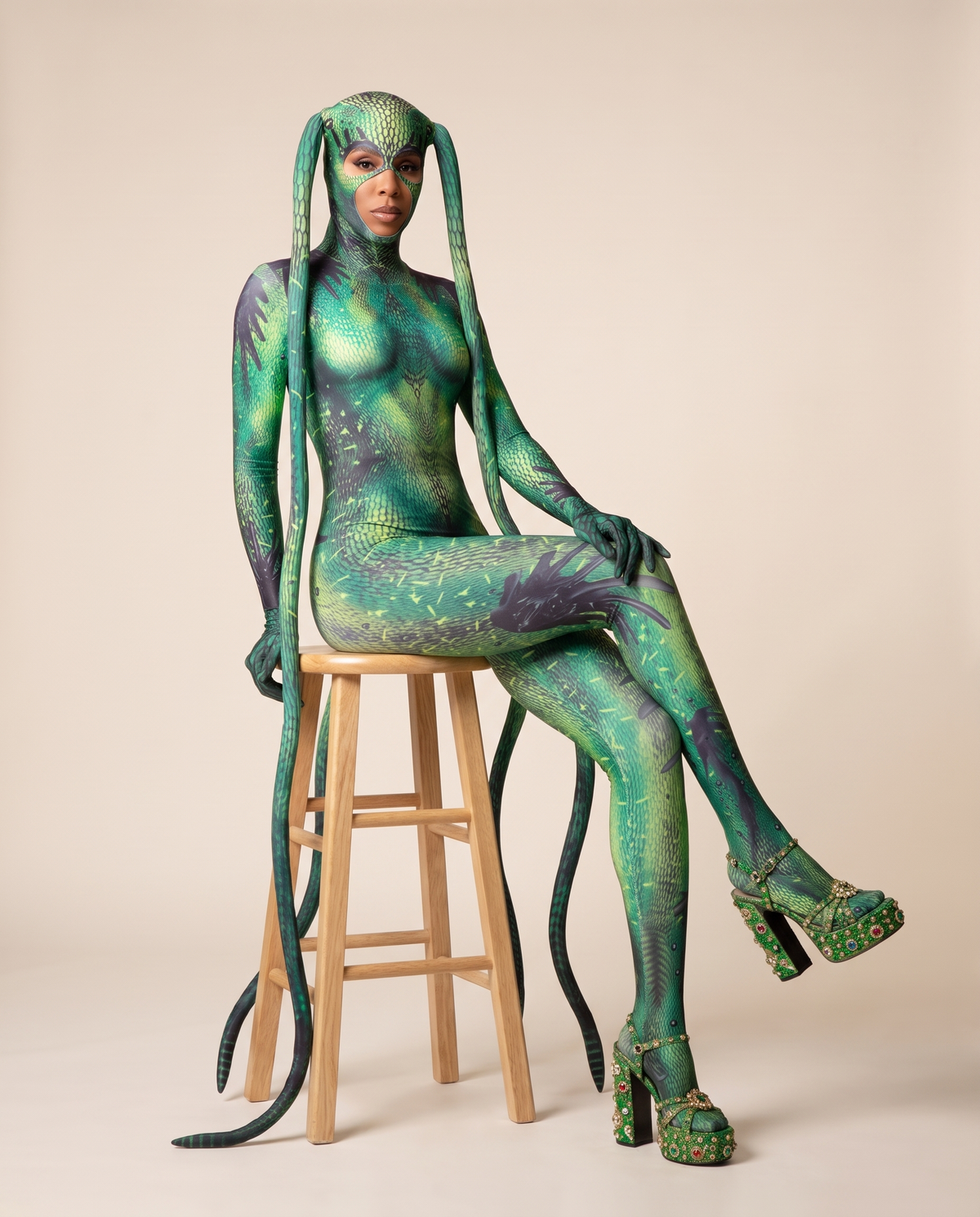 Women's Lizard Print Costume Jumpsuit – seated