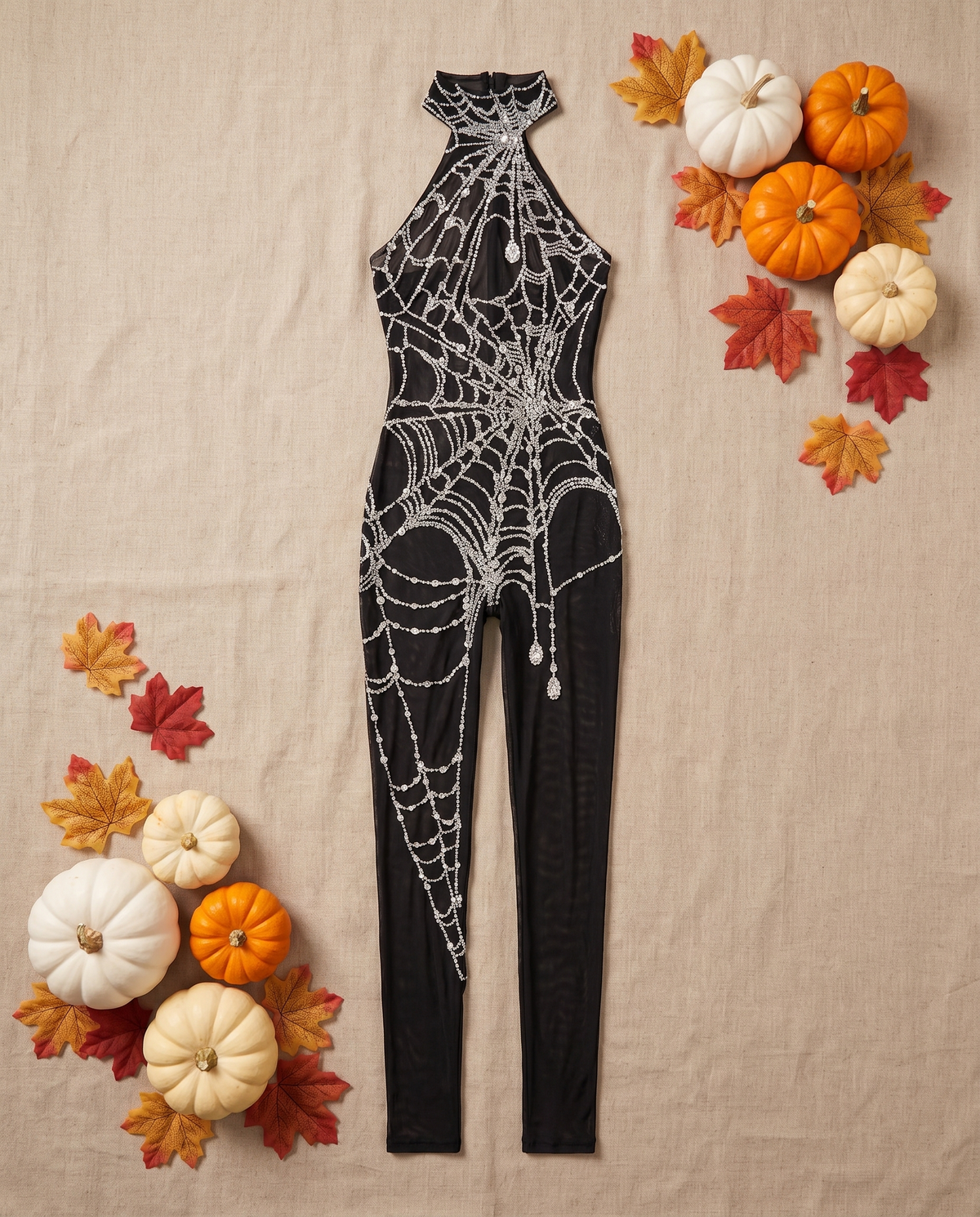 Women's Cobweb Rhinestone Cutout Jumpsuit – flat lay