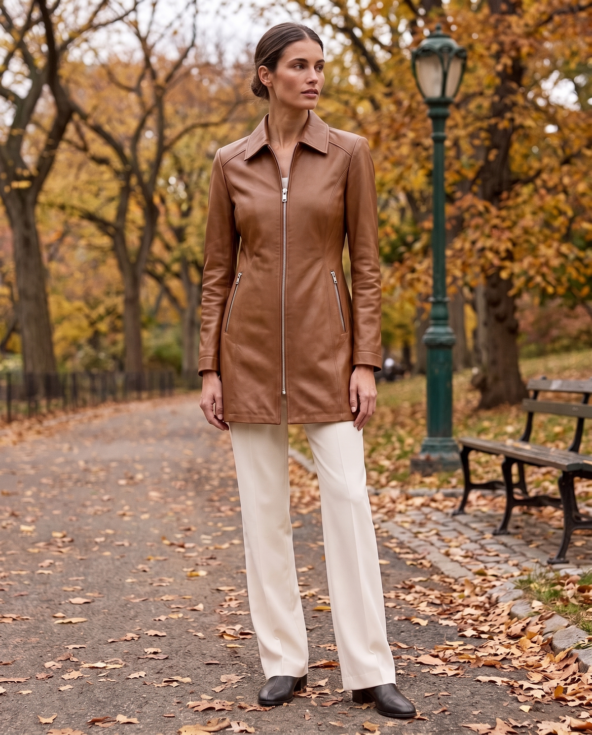 Longline Leather Biker Jacket for Women — worn in Central Park in autumn
