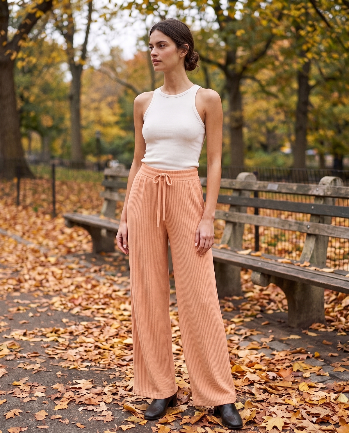 Langley Ribbed Wide-Leg Pants — Central Park in autumn