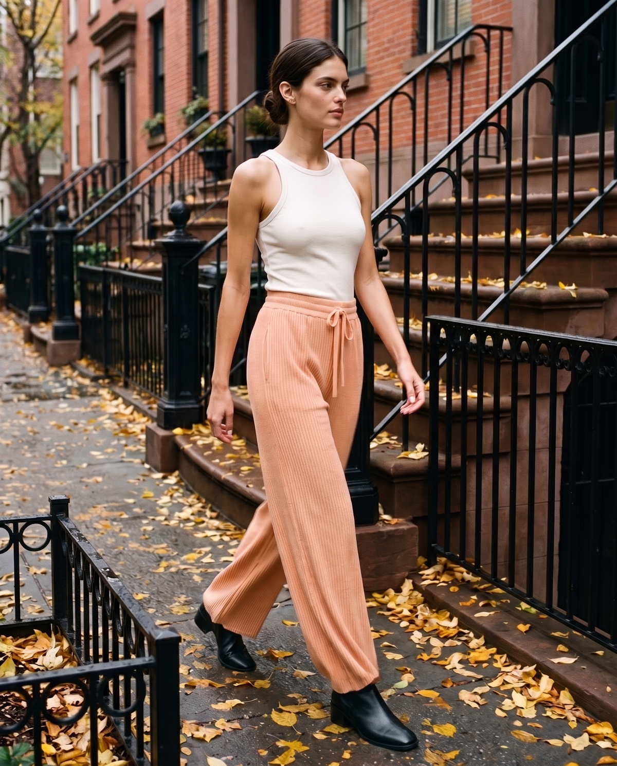 Langley Ribbed Wide-Leg Pants — New York street in autumn