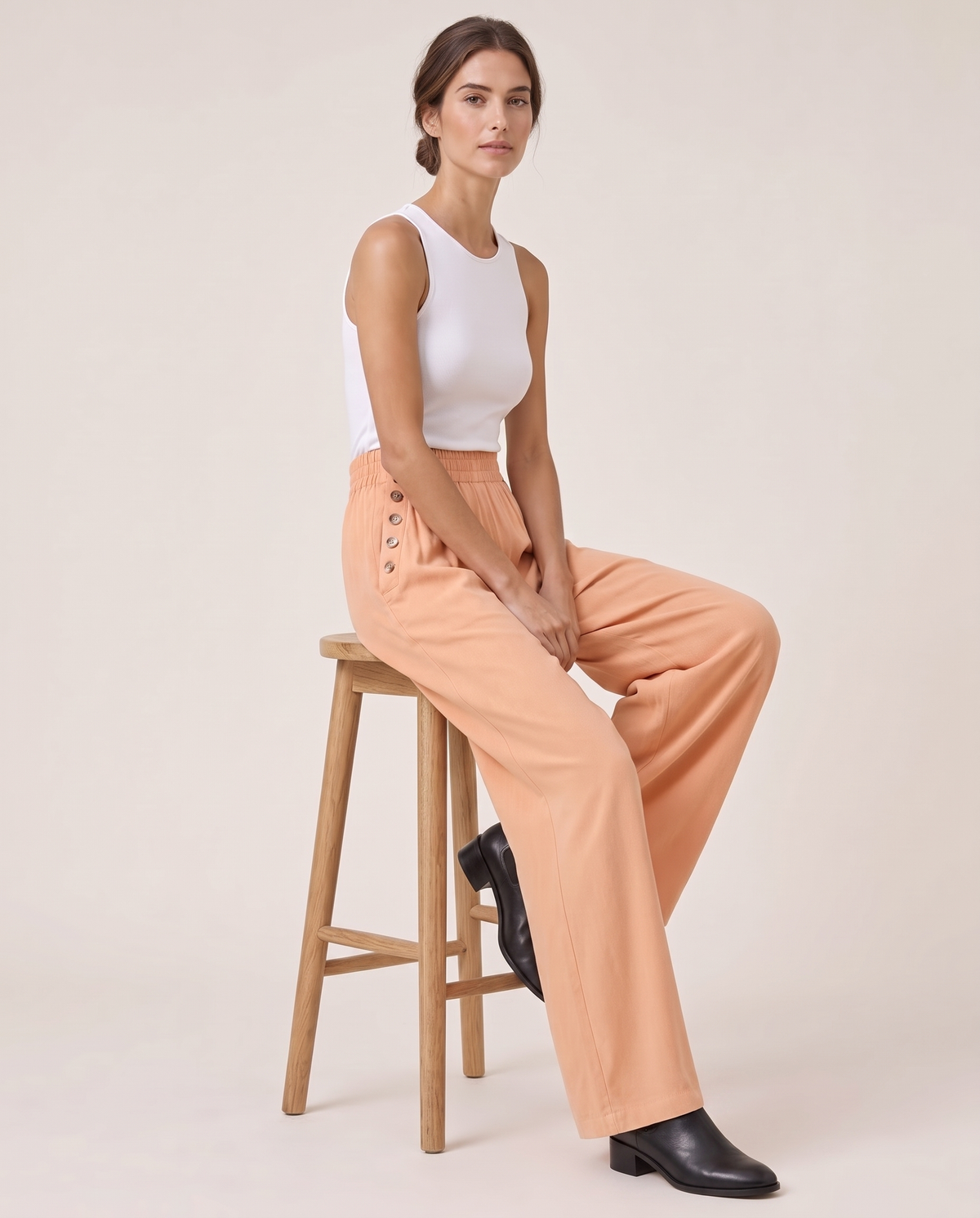 Denali Tailored Button-Trim Wide-Leg Pants — seated