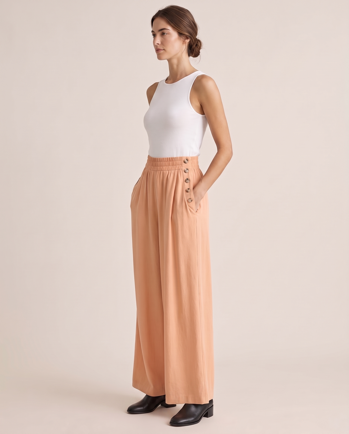Denali Tailored Button-Trim Wide-Leg Pants — three-quarter view