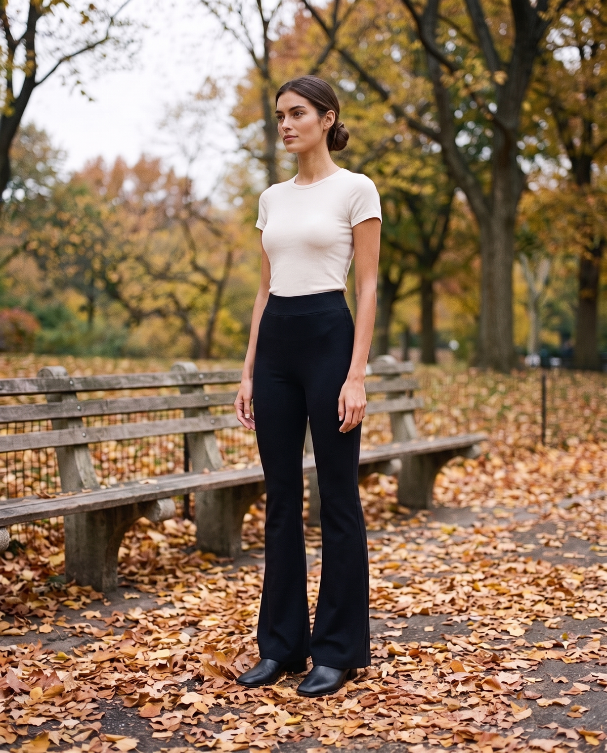 Chiswick High-Waisted Stretch Flare Pants — Central Park in autumn