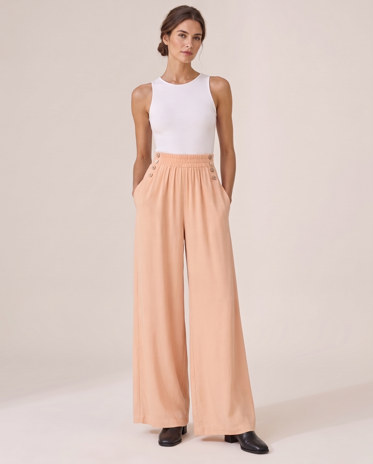 Denali Tailored Button-Trim Wide-Leg Pants — front