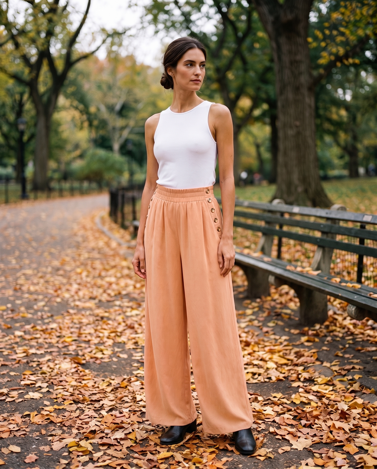 Denali Tailored Button-Trim Wide-Leg Pants — Central Park in autumn