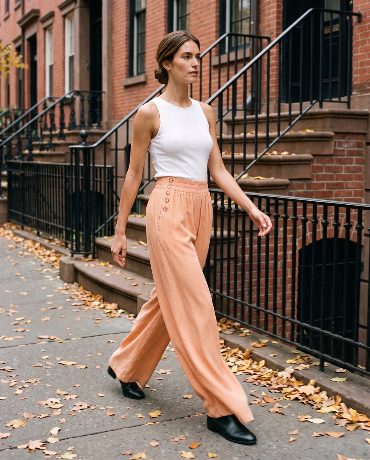 Denali Tailored Button-Trim Wide-Leg Pants — New York street in autumn