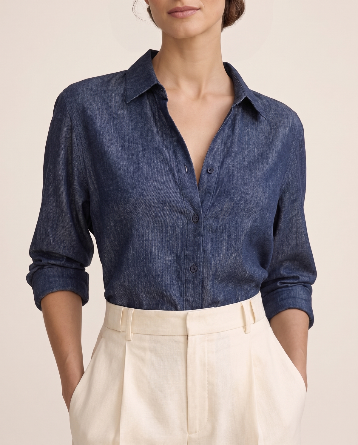 Amelie Denim-Look Blouse — collar and fabric close-up