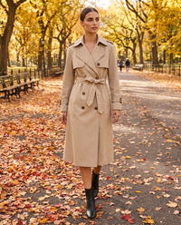 Classic Double-Breasted Belted Trench Coat — worn in Central Park in autumn