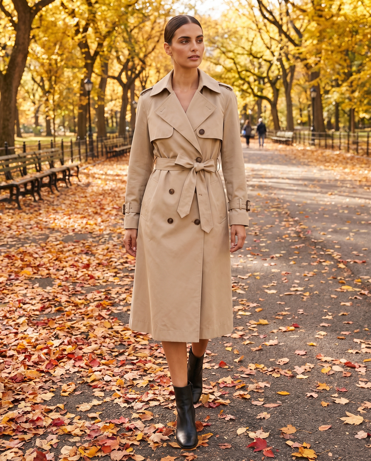 Classic Double-Breasted Belted Trench Coat — worn in Central Park in autumn
