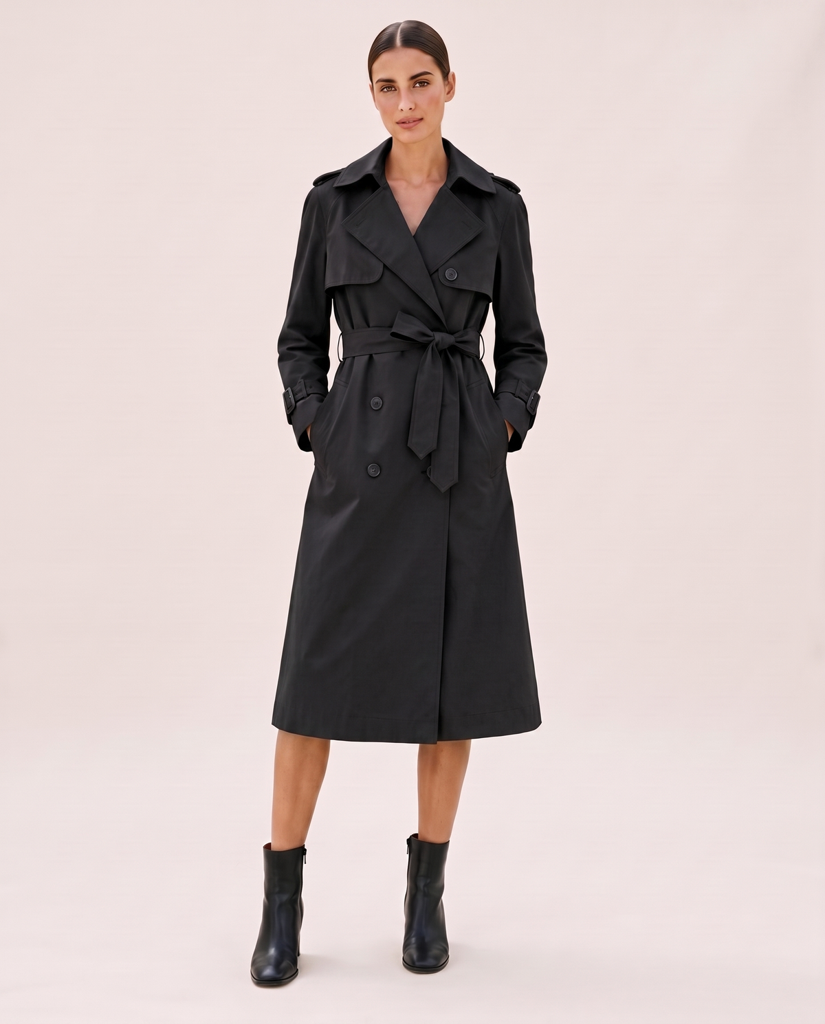 Classic Double-Breasted Belted Trench Coat — black, studio front