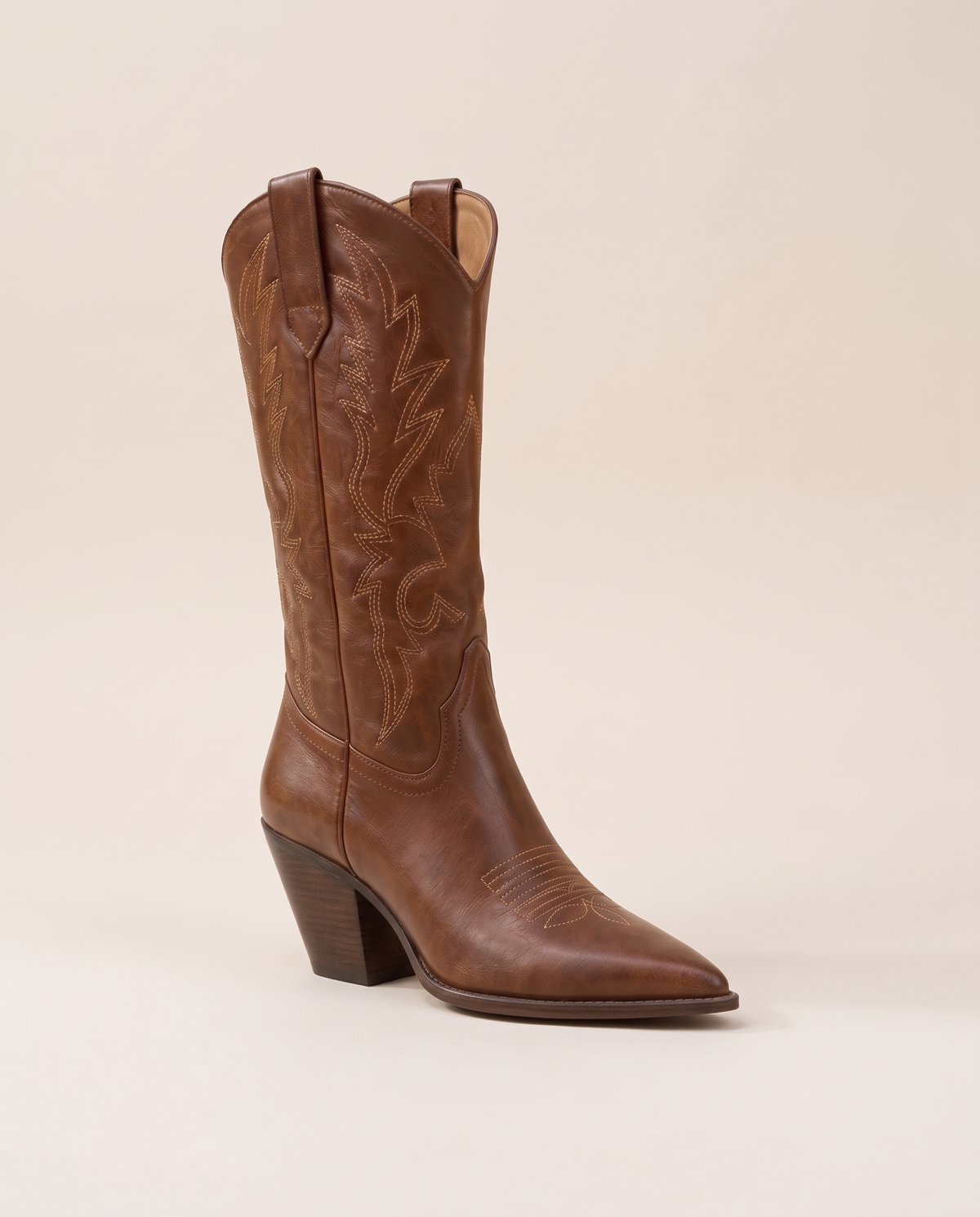 Brown Cowboy Boots for Women, Mid-Calf Western Style — single boot, three-quarter view