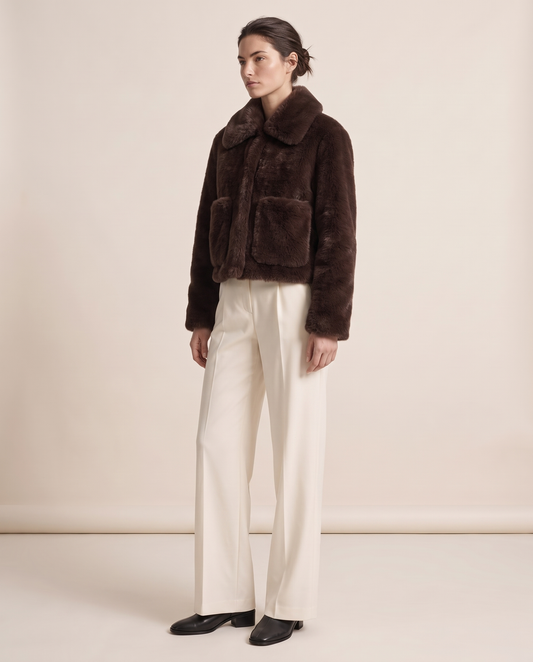 Cropped Faux Fur Jacket in Dark Brown — three-quarter view