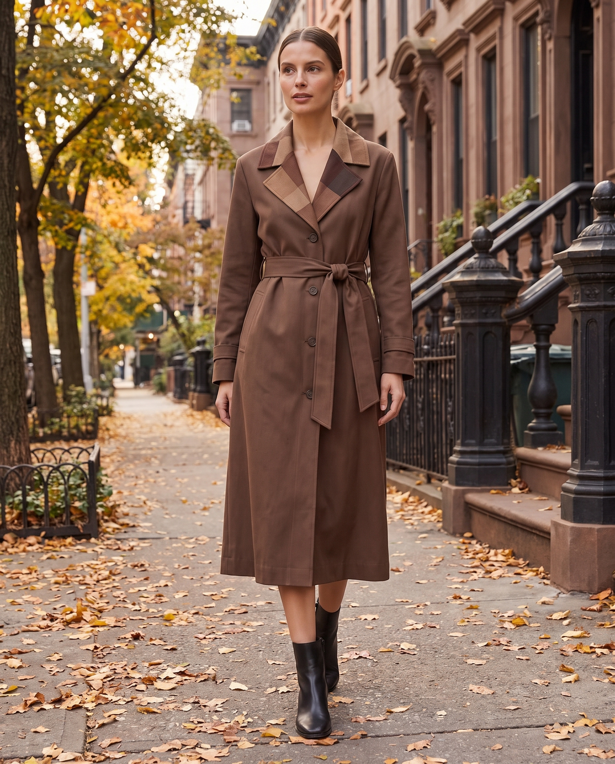 Long Leather-Effect Trench Coat with Patchwork Collar — worn on a New York street in autumn