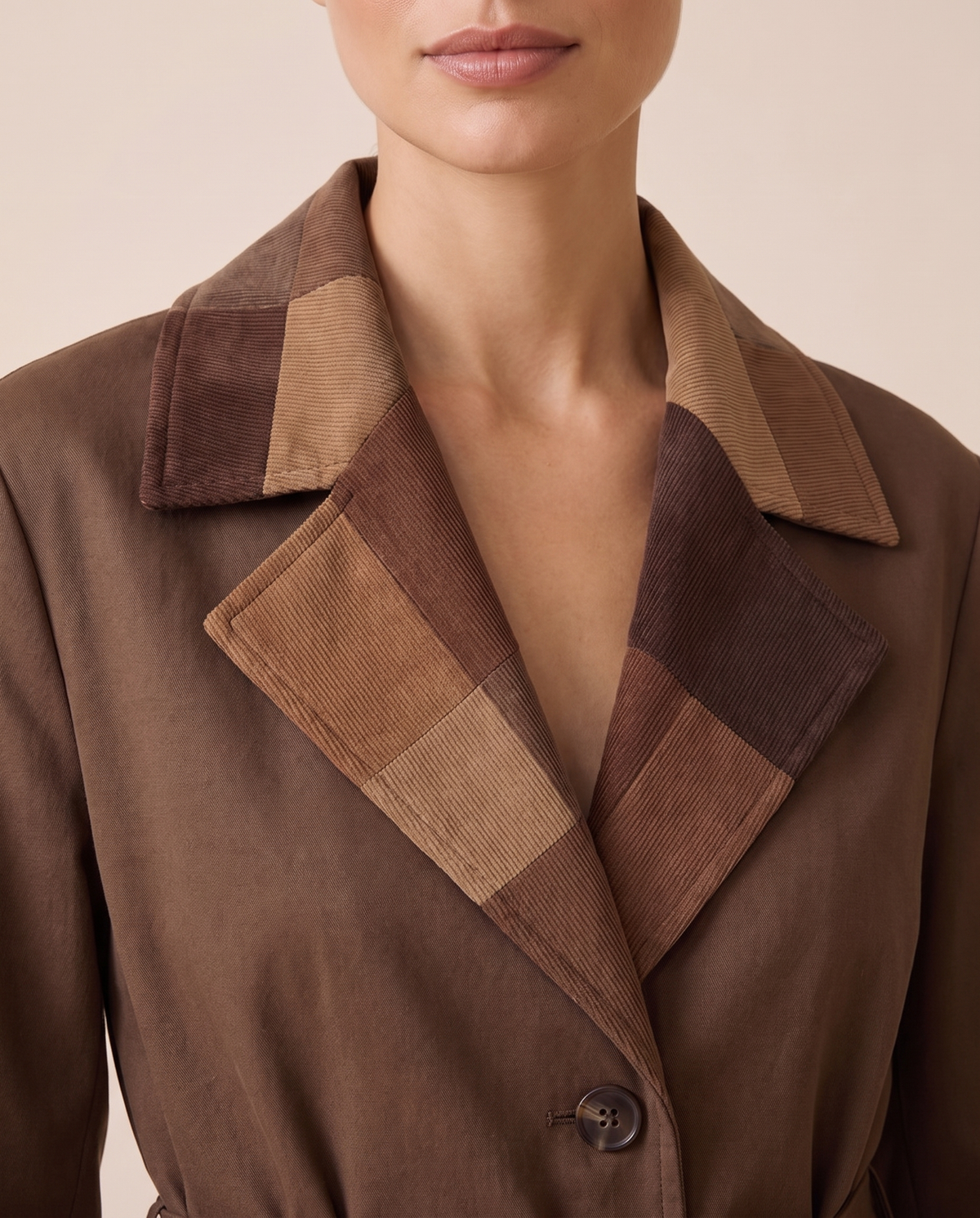 Long Leather-Effect Trench Coat with Patchwork Collar — patchwork corduroy collar detail