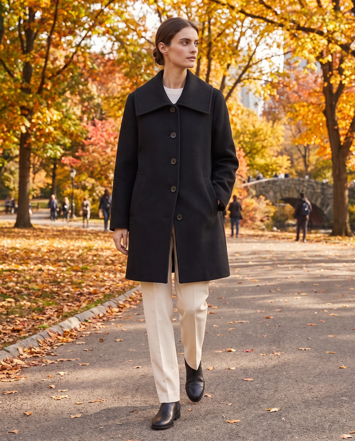 Black Wool Coat with Square Collar — worn in Central Park in autumn