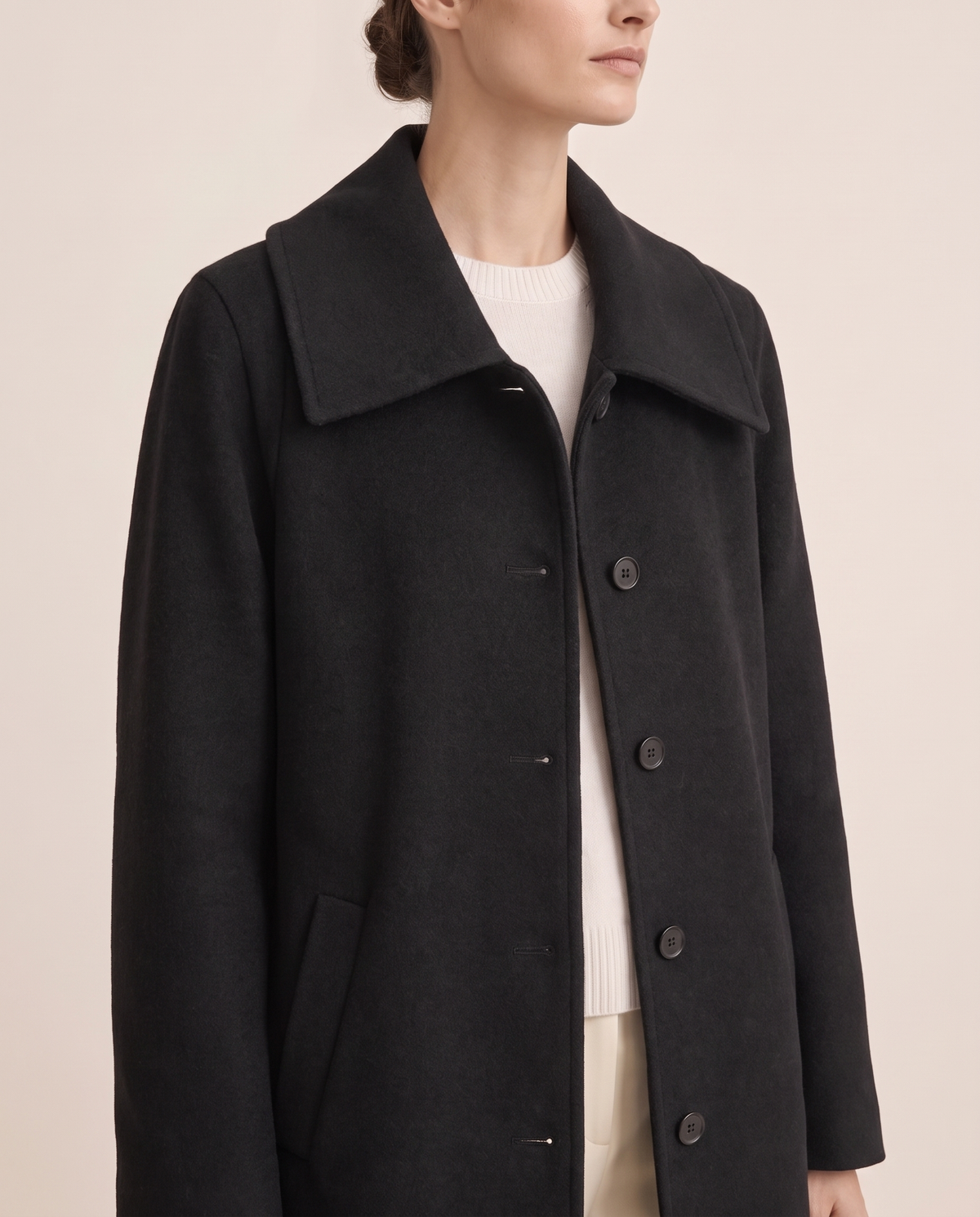 Black Wool Coat with Square Collar — collar and buttons, worn