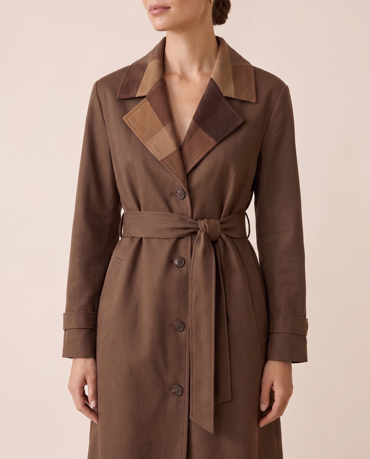 Long Leather-Effect Trench Coat with Patchwork Collar — collar and buttons, worn