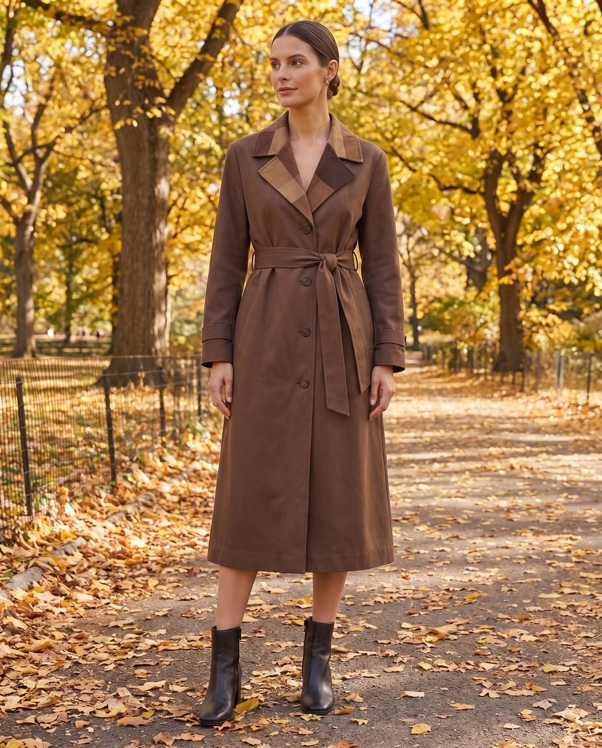 Long Leather-Effect Trench Coat with Patchwork Collar — worn in Central Park in autumn